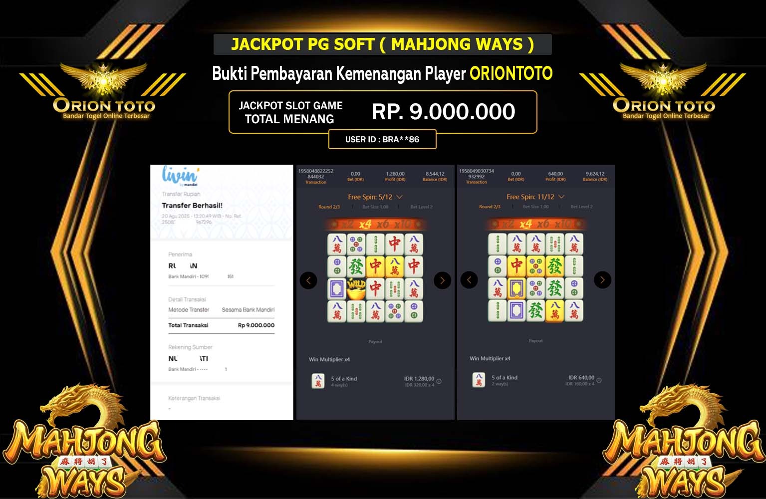 ORIONTOTO JACKPOT PG SOFT (MAHJONG WAYS) Rp.9.000.000,- LUNAS