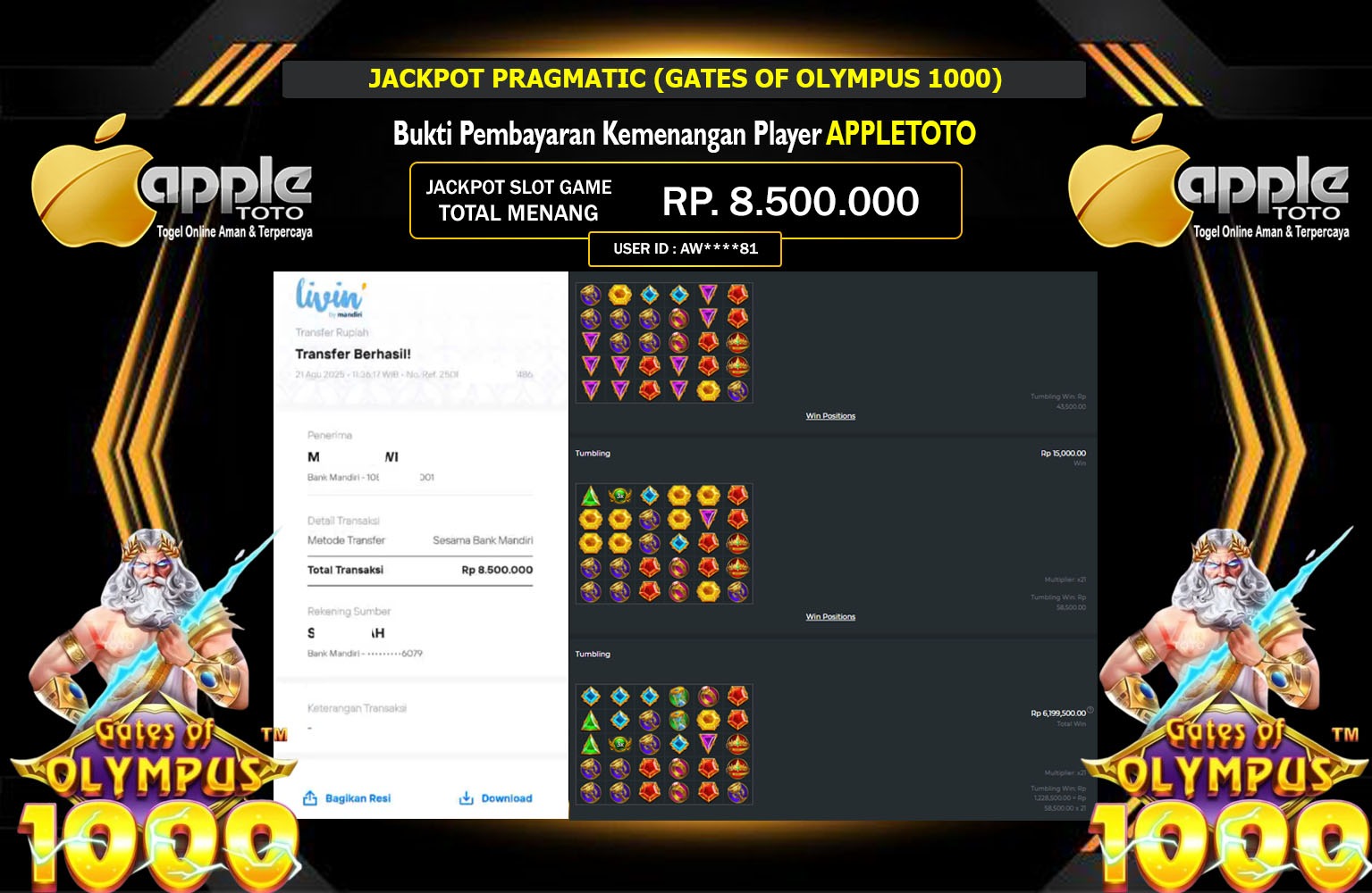 APPLETOTO JACKPOT PRAGMATIC (GATES OF OLYMPUS 1000) Rp.8.500.000,- LUNAS