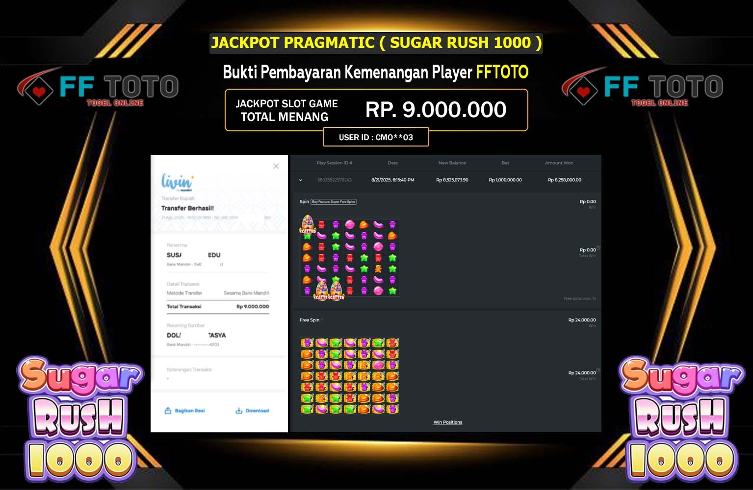 FFTOTO JACKPOT PRAGMATIC (SUGAR RUSH 1000) Rp.9.000.000,- LUNAS