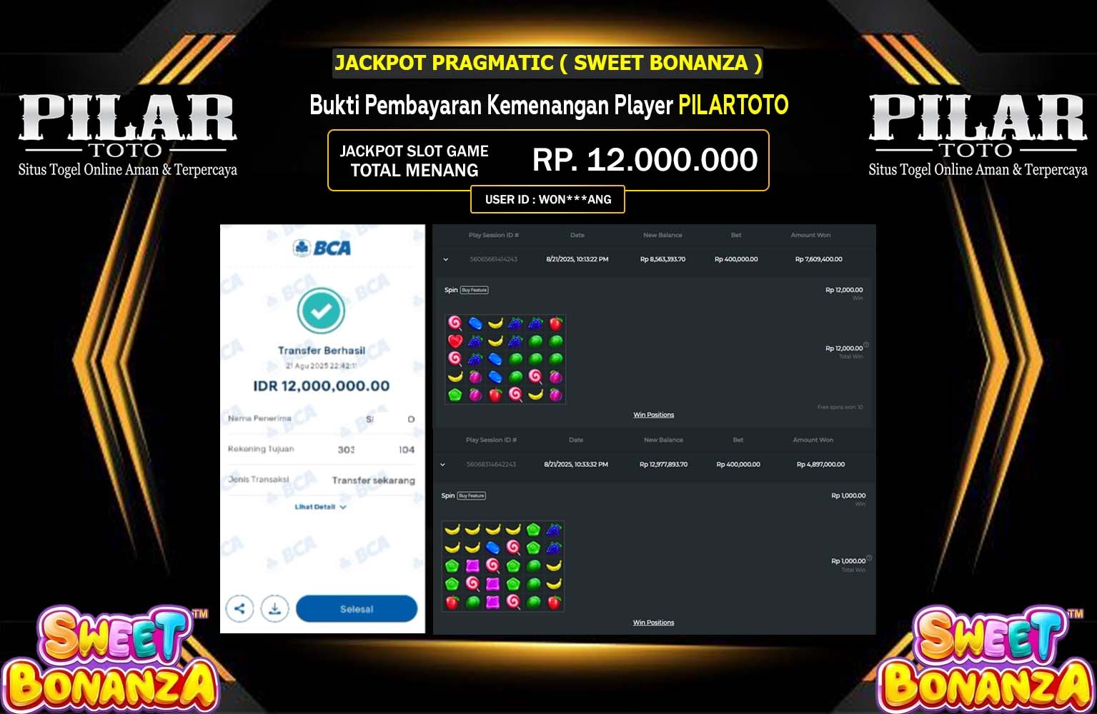 PILARTOTO JACKPOT PRAGMATIC (SWEET BONANZA) Rp.12.000.000,- LUNAS