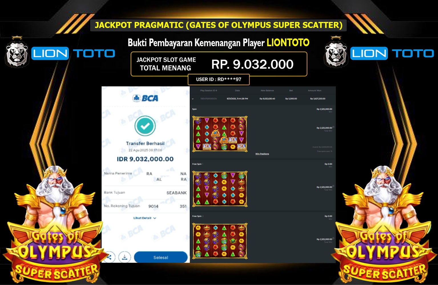 LIONTOTO JACKPOT PRAGMATIC (GATES OF OLYMPUS SUPER SCATTER) Rp.9.032.000,- LUNAS