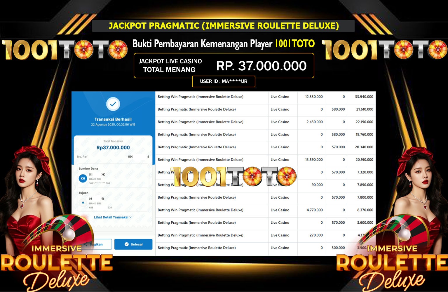 1001TOTO JACKPOT PRAGMATIC (IMMERSIVE ROULETTE DELUXE) Rp.37.000.000,- LUNAS