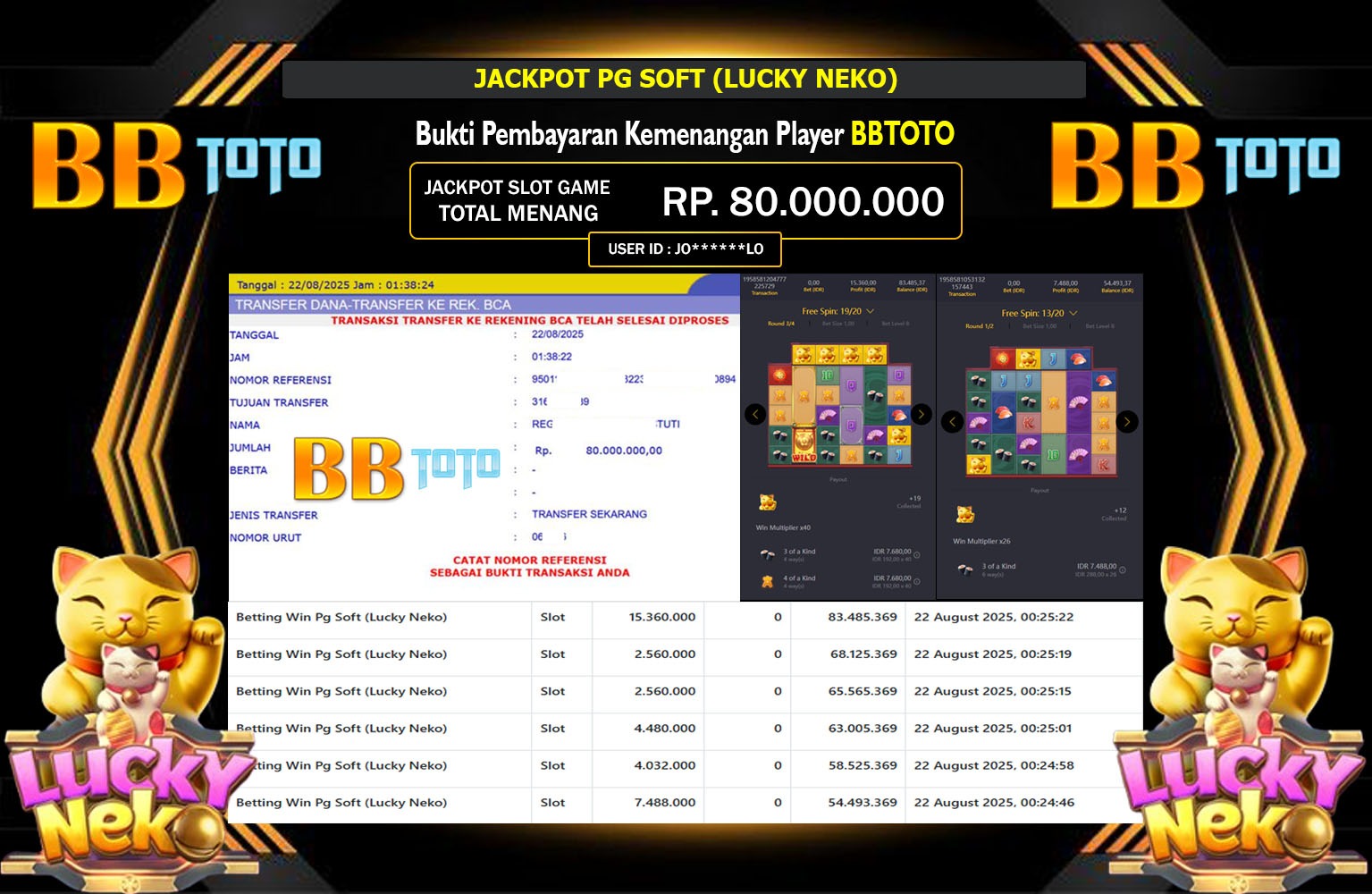 BBTOTO JACKPOT PG SOFT (LUCKY NEKO) Rp.80.000.000,- LUNAS