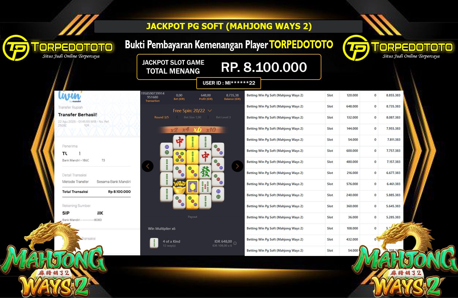 TORPEDOTOTO JACKPOT PG SOFT (MAHJONG WAYS 2) Rp.8.100.000,- LUNAS