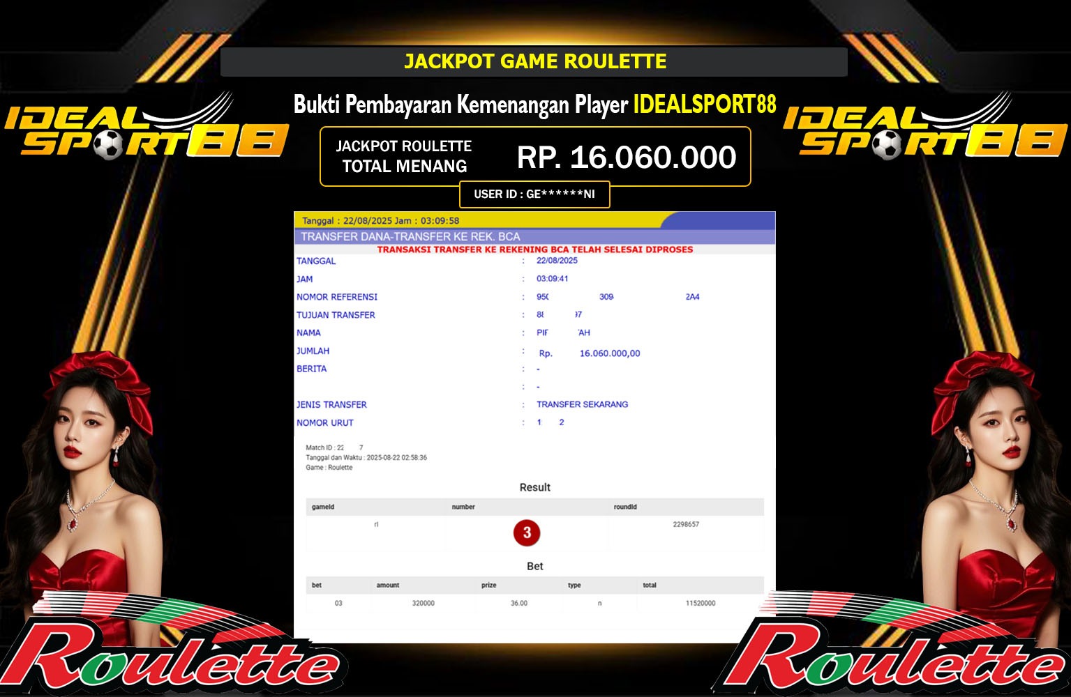 IDEALSPORT88 JACKPOT GAME ROULETTE Rp.16.060.000,- LUNAS