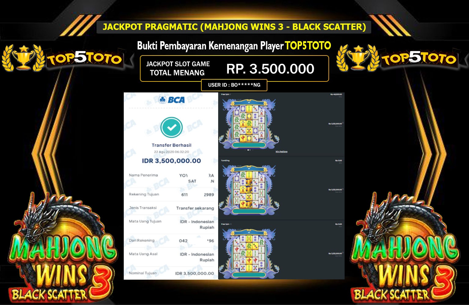 TOP5TOTO JACKPOT PRAGMATIC (MAHJONG WINS 3 - BLACK SCATTER) Rp.3.500.000,- LUNAS