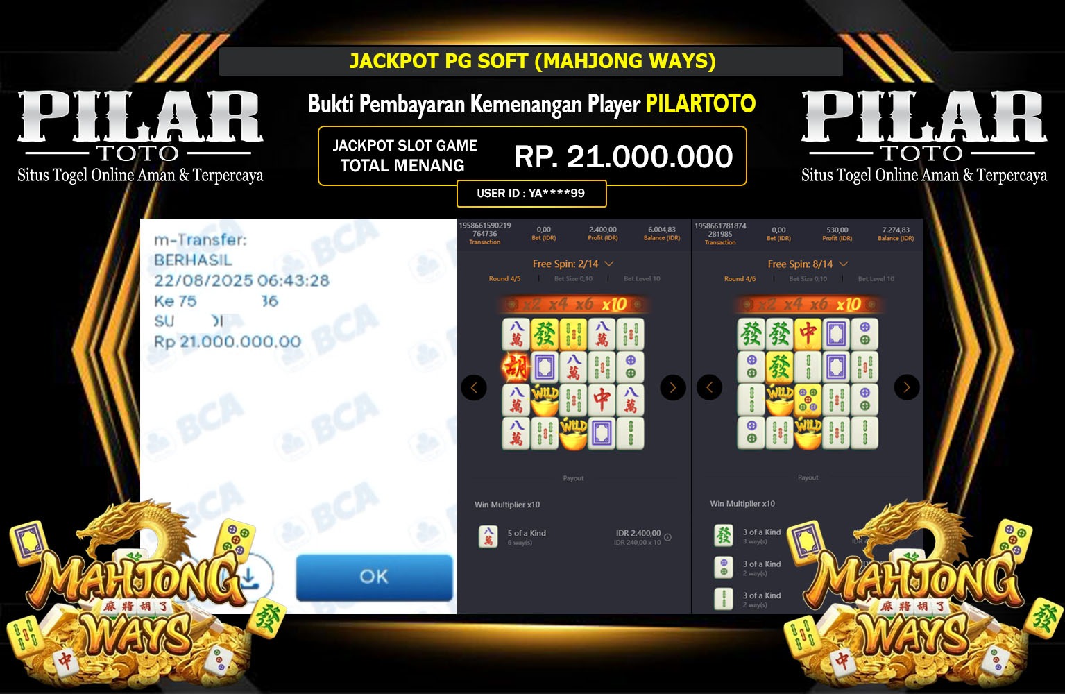 PILARTOTO JACKPOT PG SOFT (MAHJONG WAYS) Rp.21.000.000,- LUNAS