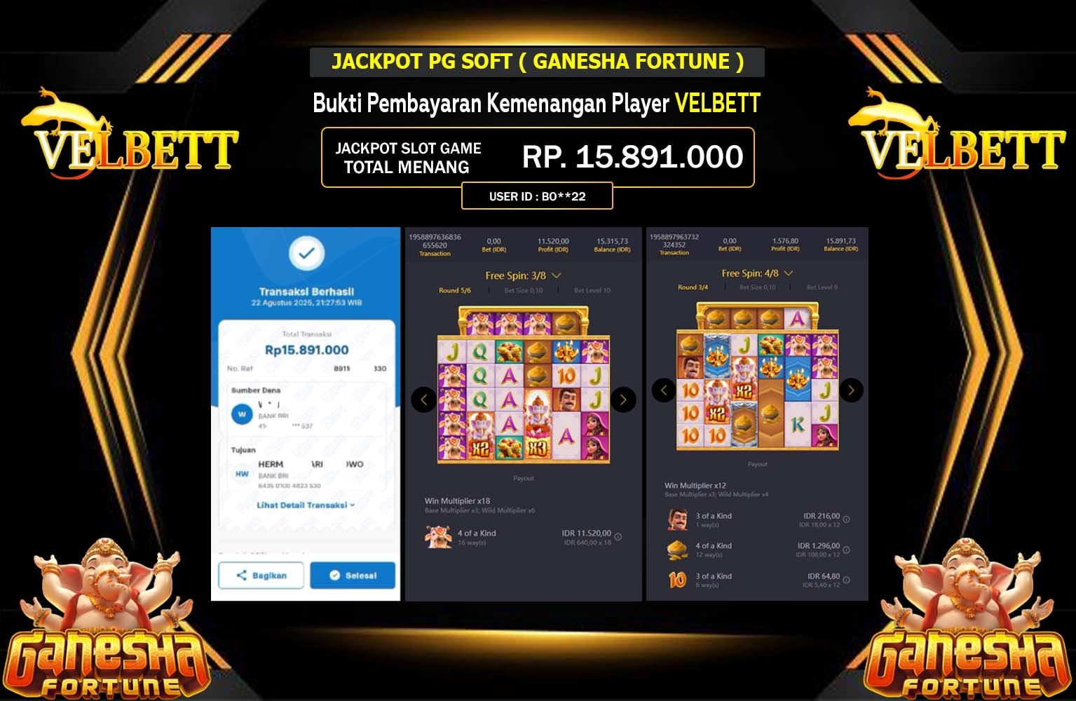 VELBETT JACKPOT PG SOFT (GANESHA FORTUNE) Rp.15.891.000,- LUNAS