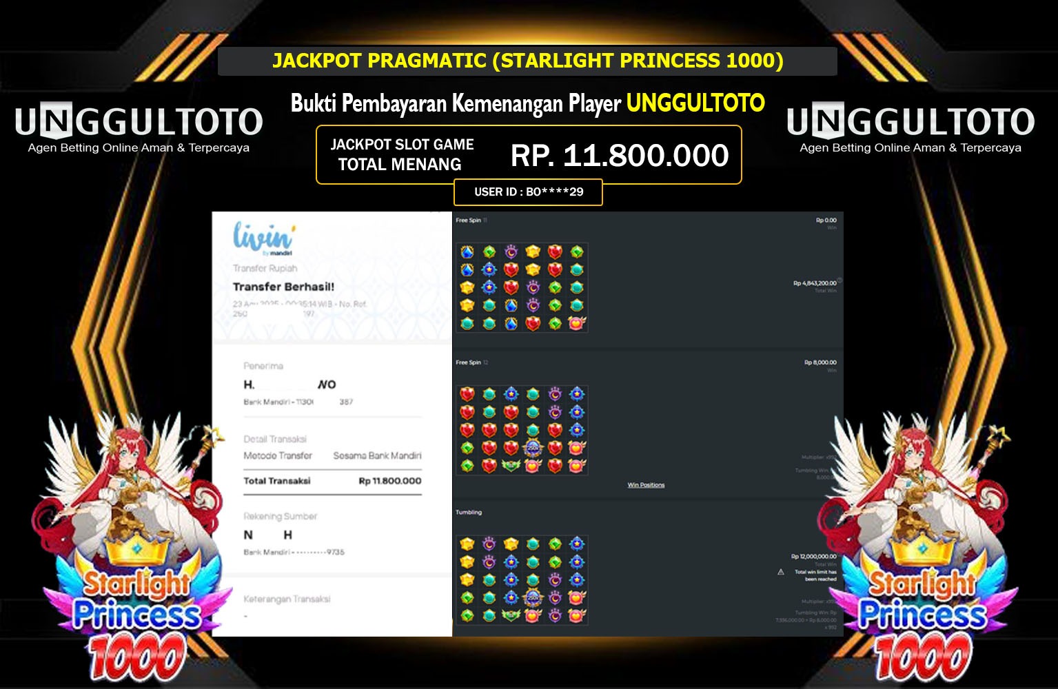 UNGGULTOTO JACKPOT PRAGMATIC (STARLIGHT PRINCESS 1000) Rp.11.800.000,- LUNAS