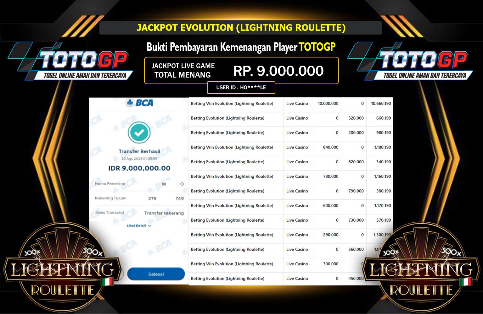 TOTOGP JACKPOT EVOLUTION (LIGHTNING ROULETTE) Rp.9.000.000,- LUNAS