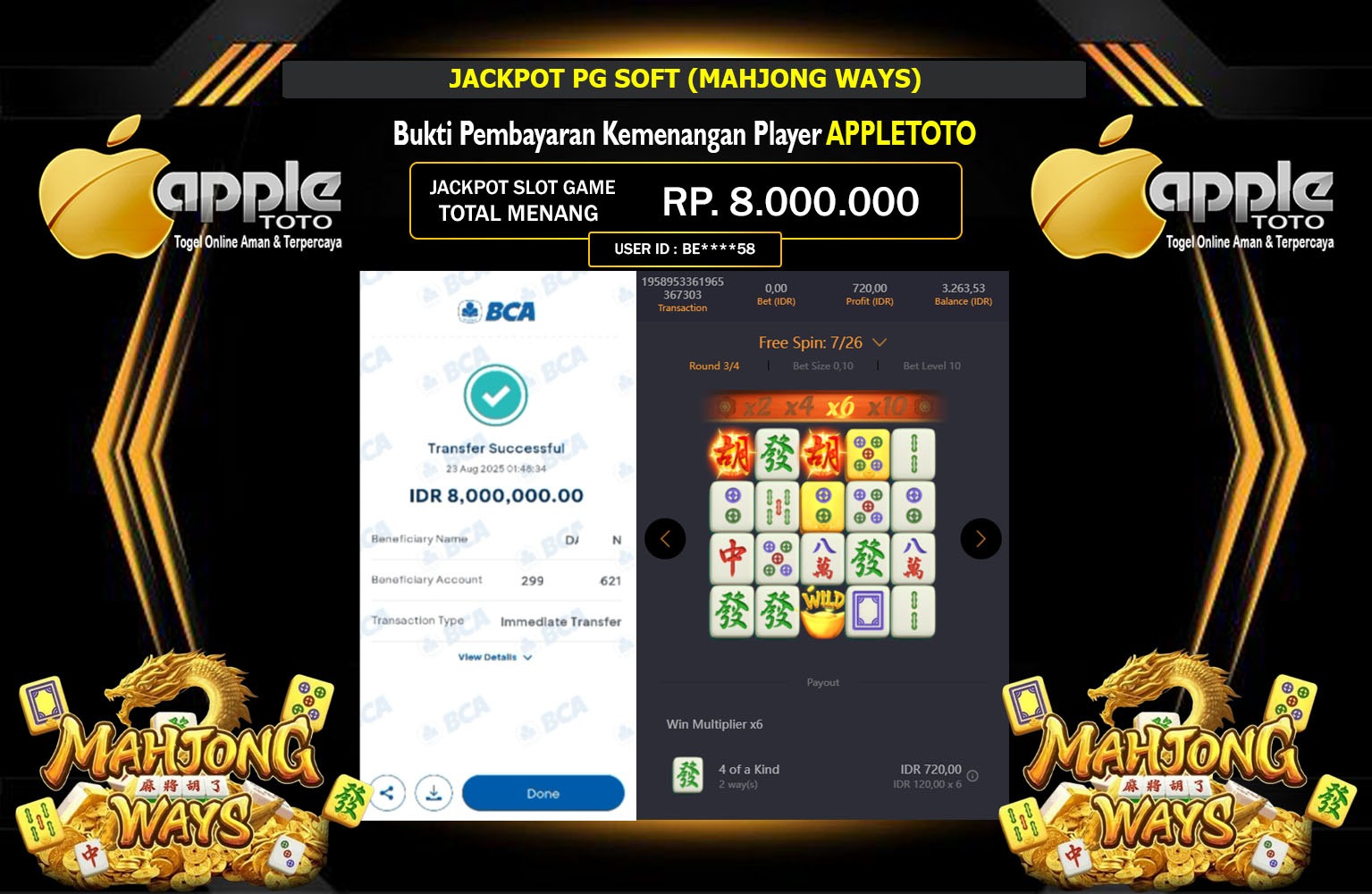 APPLETOTO JACKPOT PG SOFT (MAHJONG WAYS) Rp.8.000.000,- LUNAS