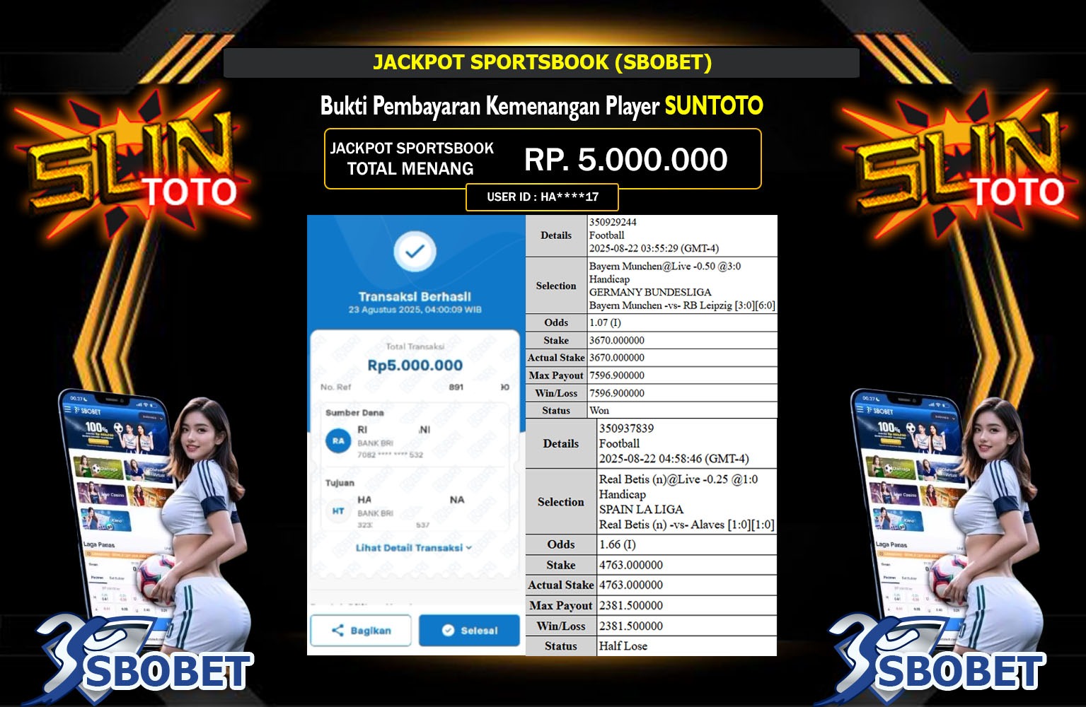 SUNTOTO JACKPOT SPORTSBOOK (SBOBET) Rp.5.000.000,- LUNAS