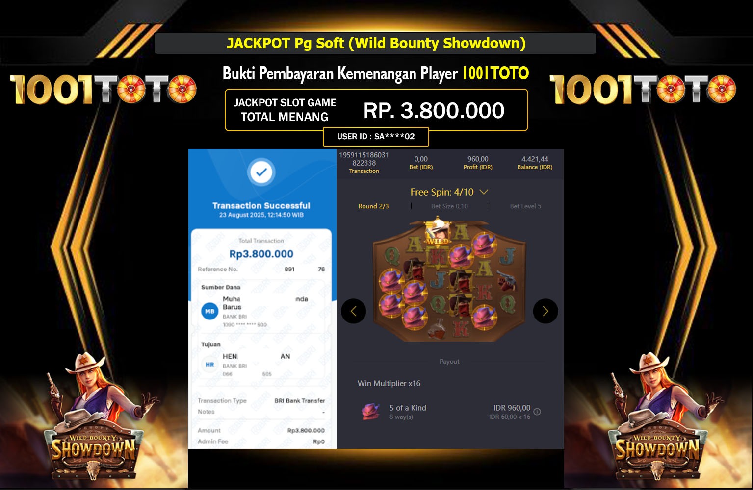 1001TOTO JACKPOT PG SOFT (WILD BOUNTY SHOWDOWN) Rp.3.800.000,- LUNAS