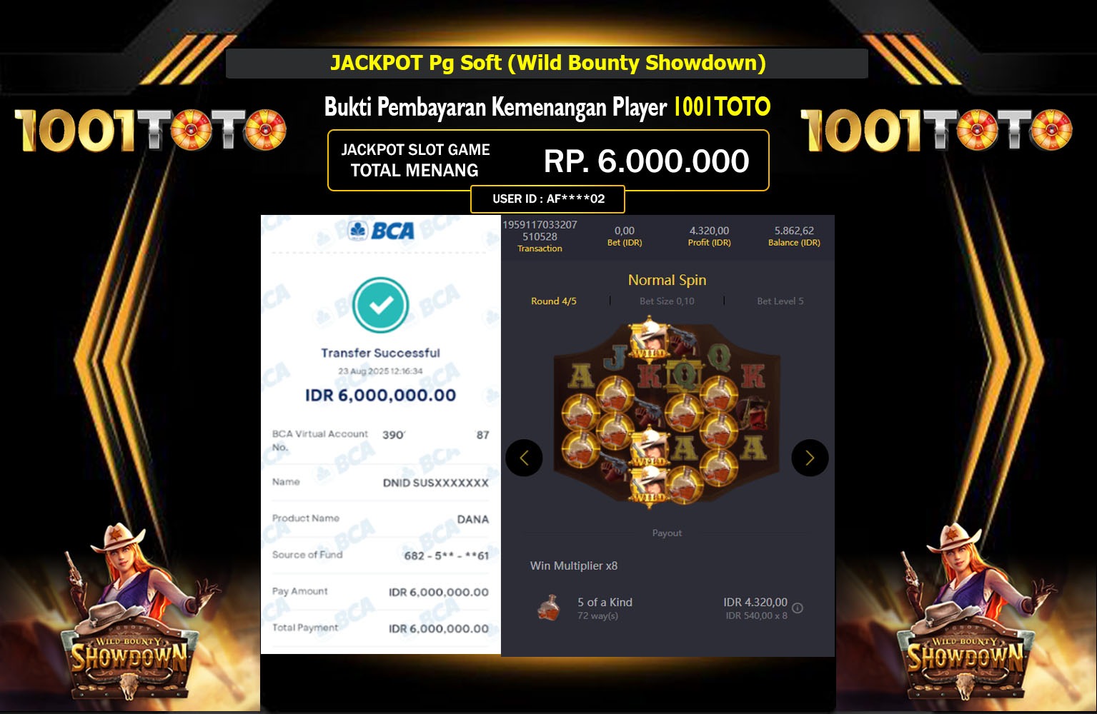 1001TOTO JACKPOT PG SOFT (WILD BOUNTY SHOWDOWN) Rp.6.000.000,- LUNAS