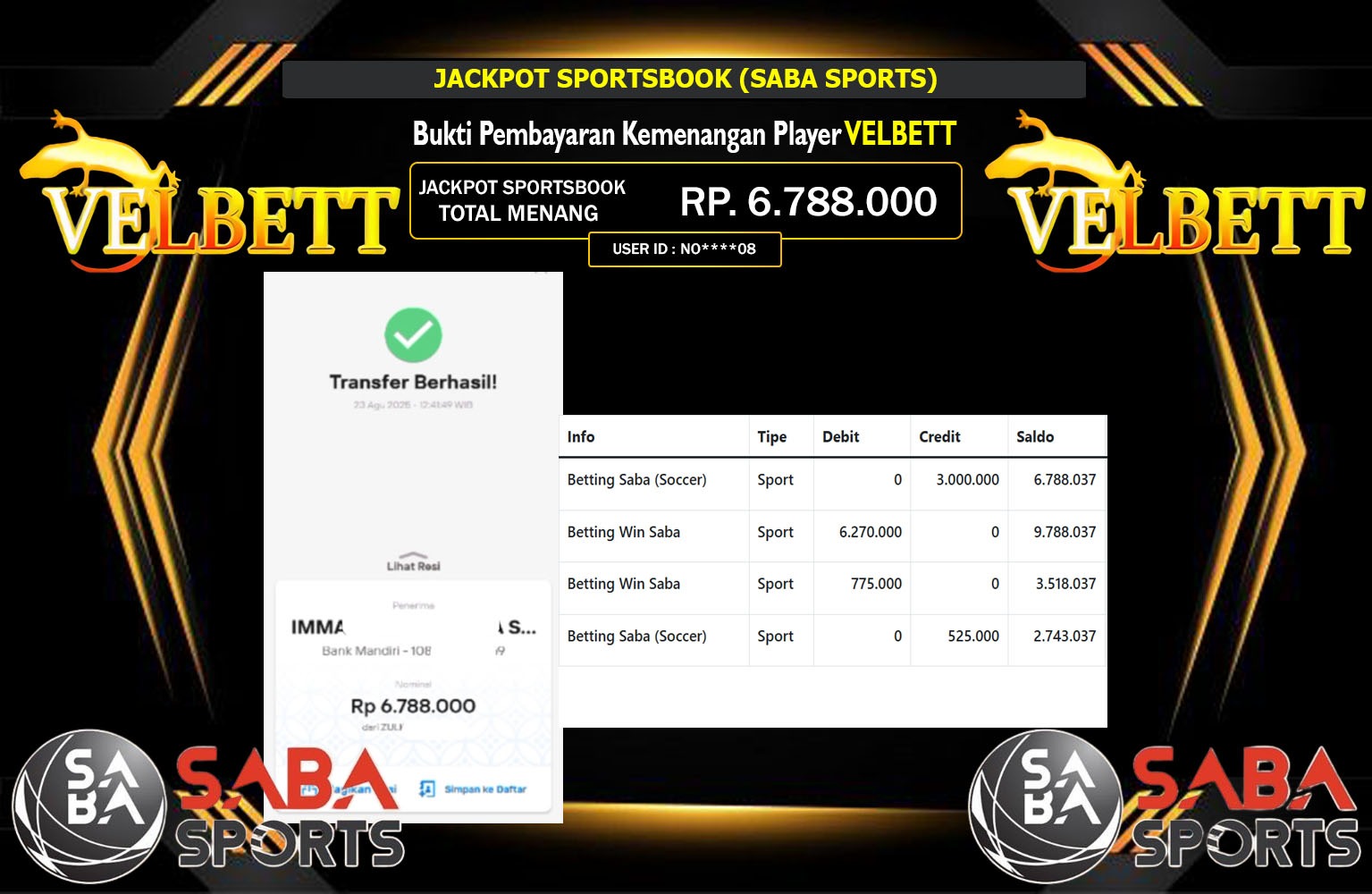 VELBETT JACKPOT SPORTSBOOK (SABA SPORTS) Rp.6.788.000,- LUNAS