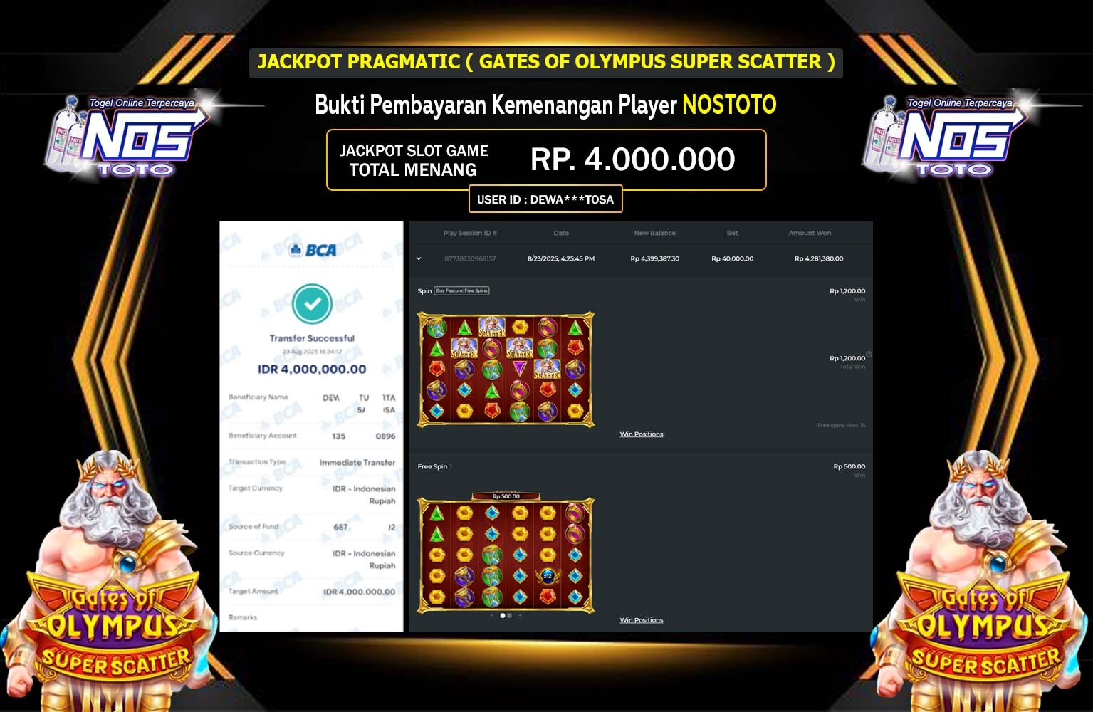 NOSTOTO JACKPOT PRAGMATIC (GATES OF OLYMPUS SUPER SCATTER) Rp.4.000.000,- LUNAS