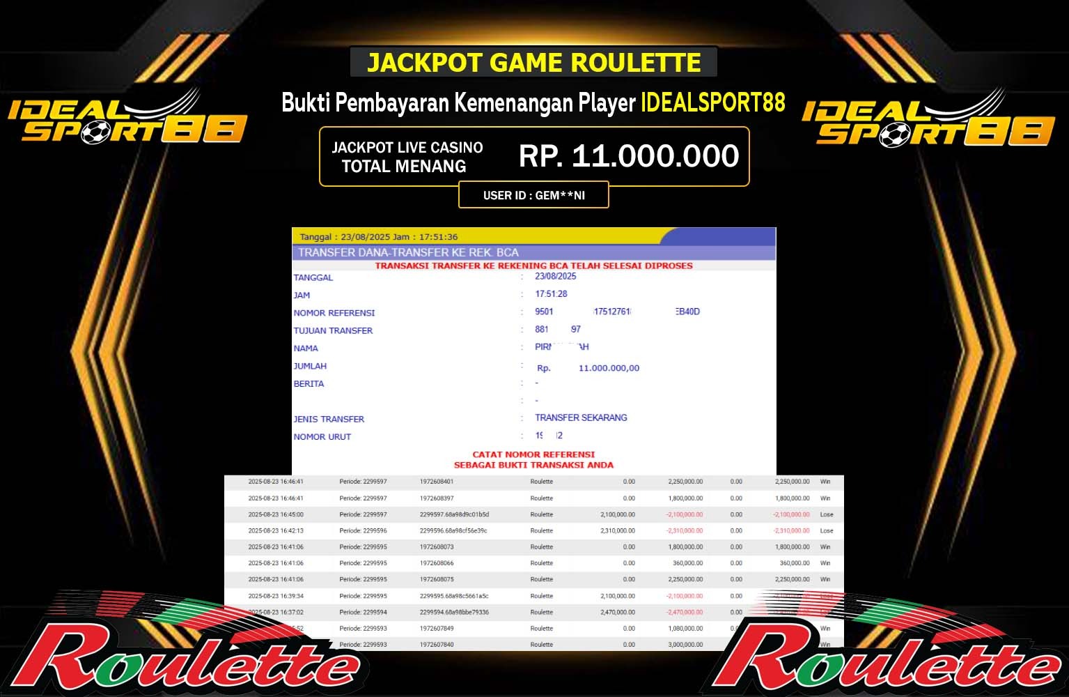 IDEALSPORT88 JACKPOT LIVE CASINO (ROULETTE) Rp.11.000.000,- LUNAS