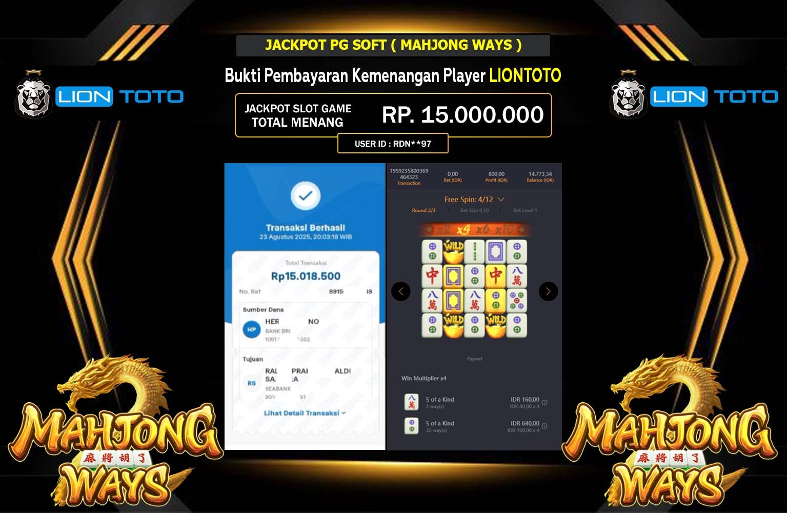 LIONTOTO JACKPOT PG SOFT (MAHJONG WAYS) Rp.15.000.000,- LUNAS