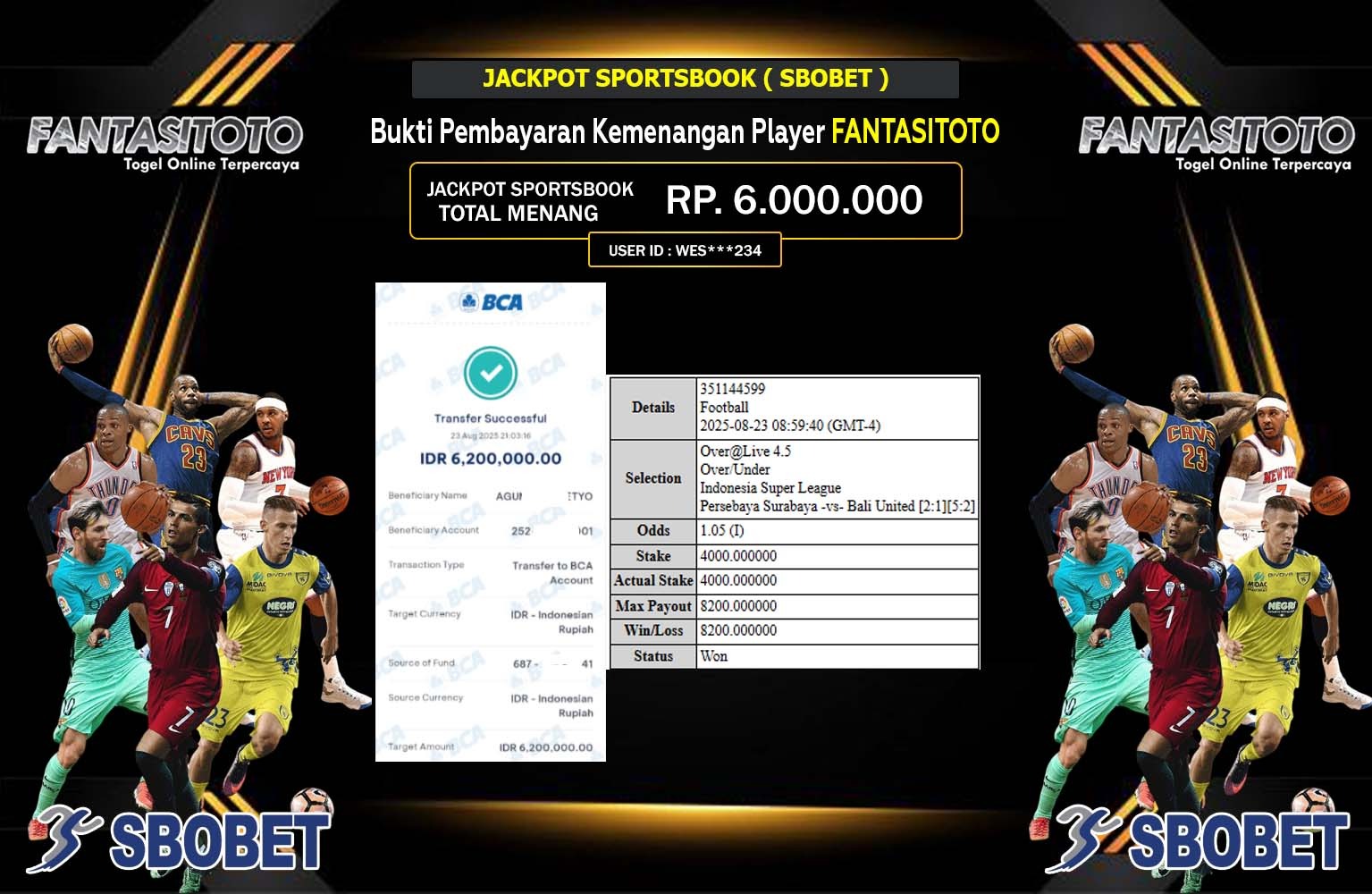 FANTASITOTO JACKPOT SPORTSBOOK (SBOBET SPORTS) Rp.6.000.000,- LUNAS
