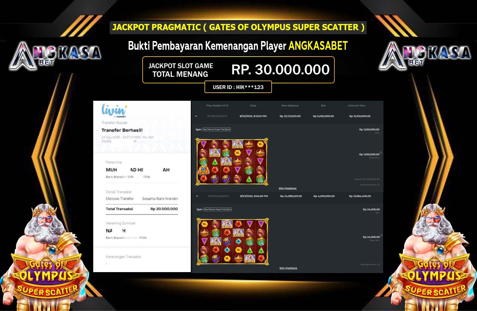 ANGKASABET JACKPOT PRAGMATIC (Gates of Olympus Super Scatter) Rp.30.000.000,- LUNAS