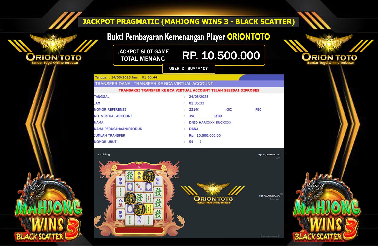 ORIONTOTO JACKPOT PRAGMATIC (MAHJONG WINS 3 - BLACK SCATTER) Rp.10.500.000,- LUNAS