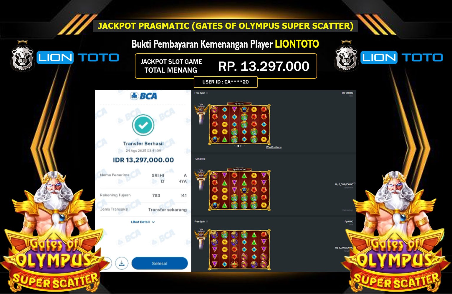 LIONTOTO JACKPOT PRAGMATIC (GATES OF OLYMPUS SUPER SCATTER) Rp.13.297.000,- LUNAS