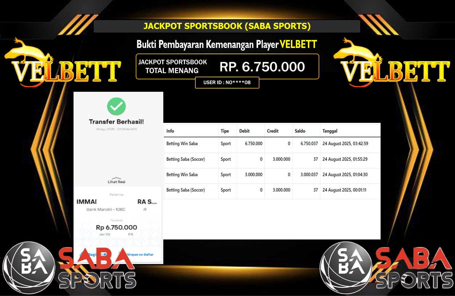 VELBETT JACKPOT SPORTSBOOK (SABA SPORTS) Rp.6.750.000,- LUNAS