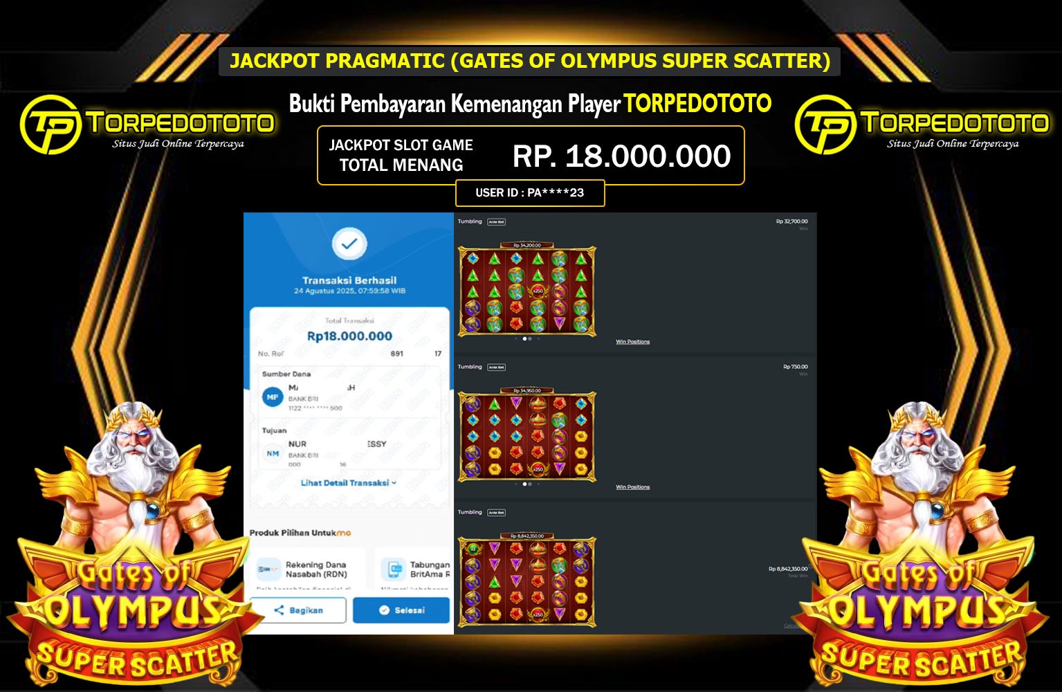 TORPEDOTOTO JACKPOT PRAGMATIC (Gates of Olympus Super Scatter) Rp.18.000.000,- LUNAS