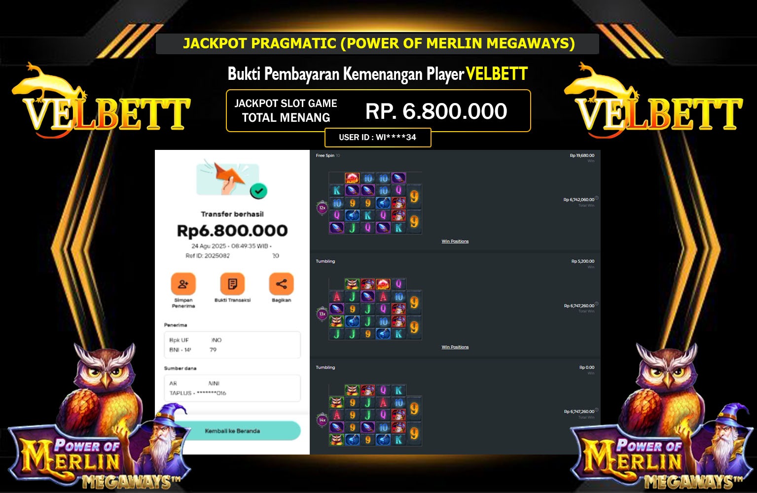 VELBETT JACKPOT PRAGMATIC (POWER OF MERLIN MEGAWAYS) Rp.6.800.000,- LUNAS