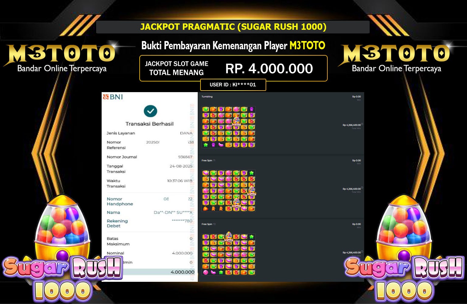 M3TOTO JACKPOT PRAGMATIC (SUGAR RUSH 1000) Rp.4.000.000,- LUNAS