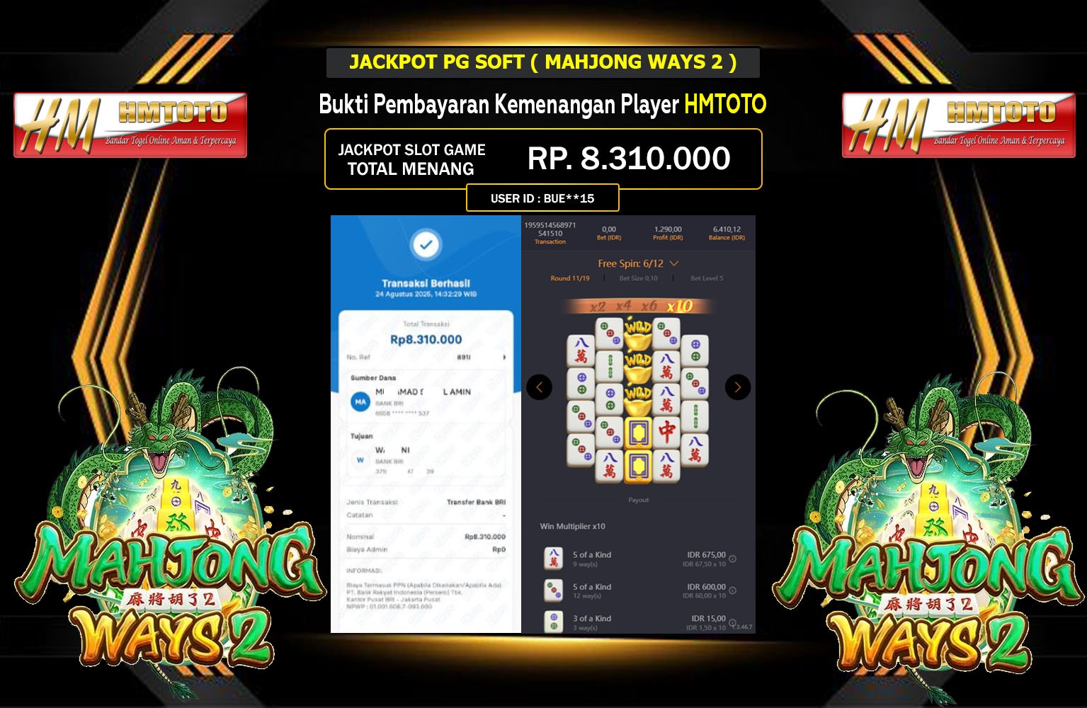 HMTOTO JACKPOT PG SOFT (MAHJONG WAYS 2) Rp.8.310.000,- LUNAS