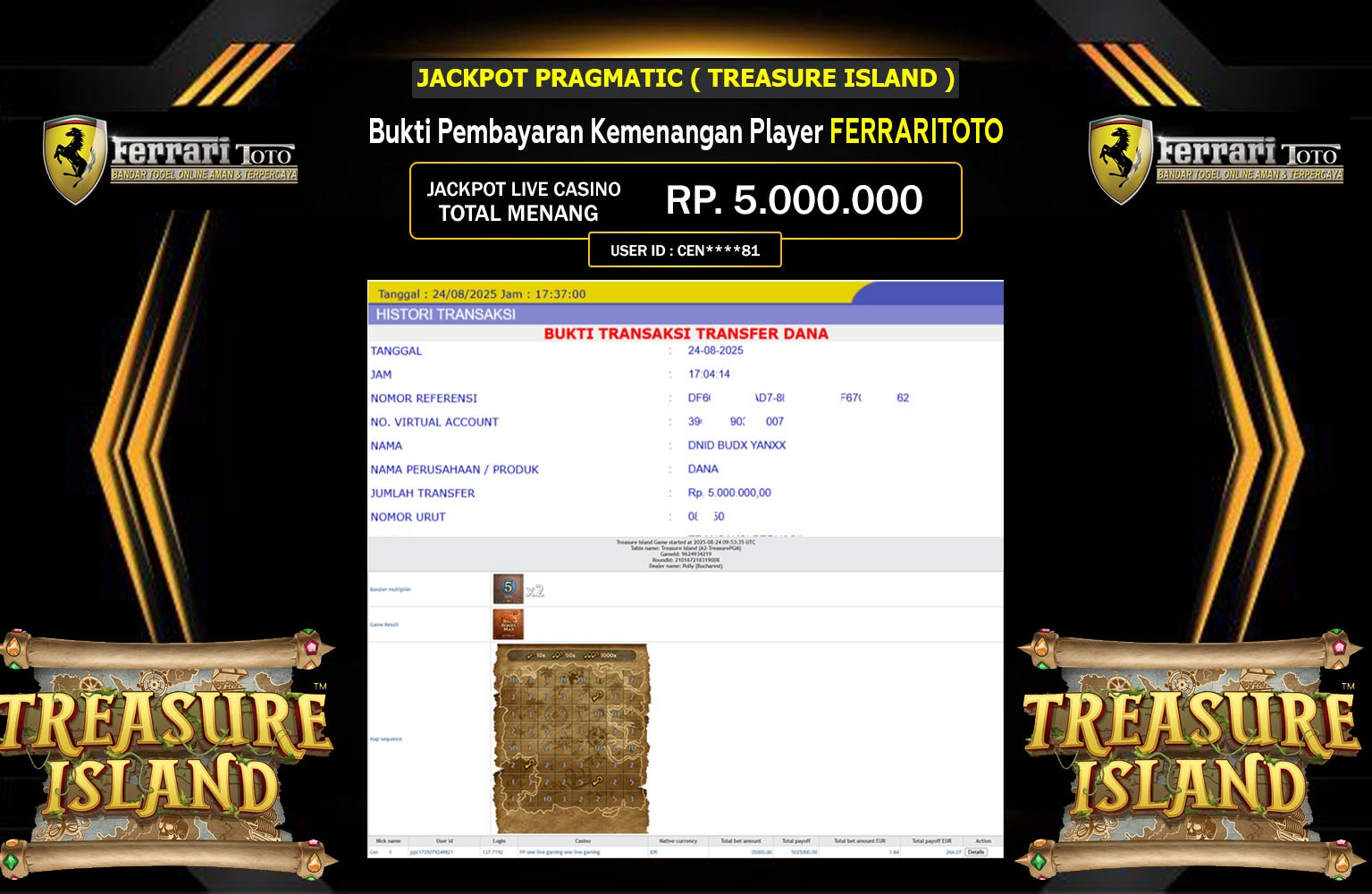FERRARITOTO JACKPOT PRAGMATIC (TREASURE ISLAND) Rp.5.000.000,- LUNAS