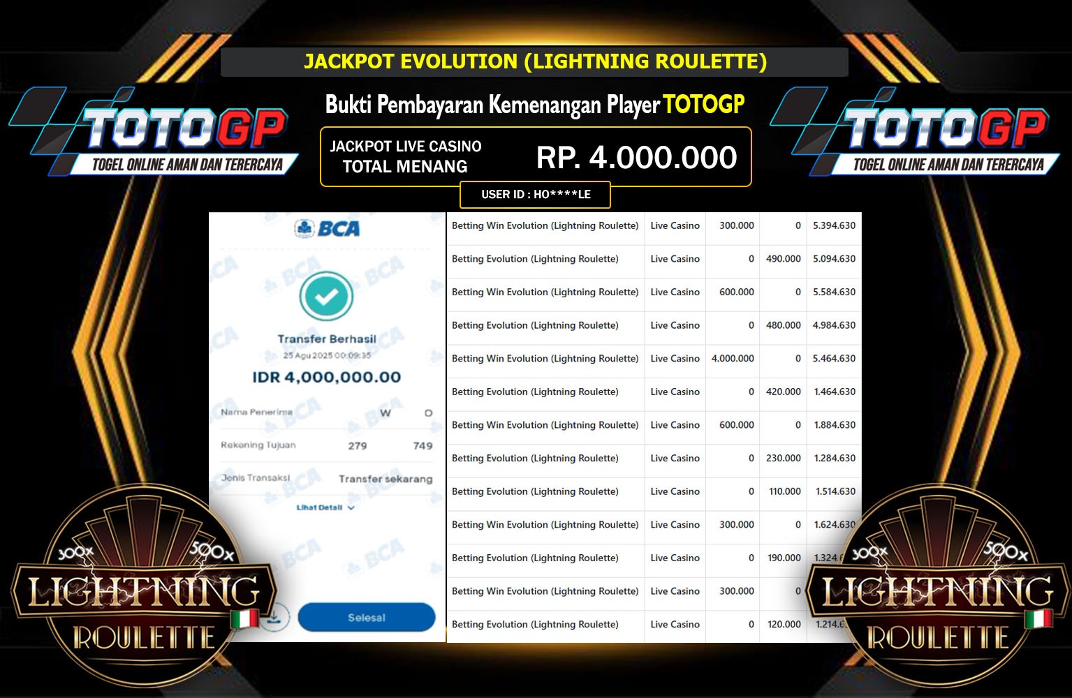 TOTOGP JACKPOT EVOLUTION (LIGHTNING ROULETTE) Rp.4.000.000,- LUNAS