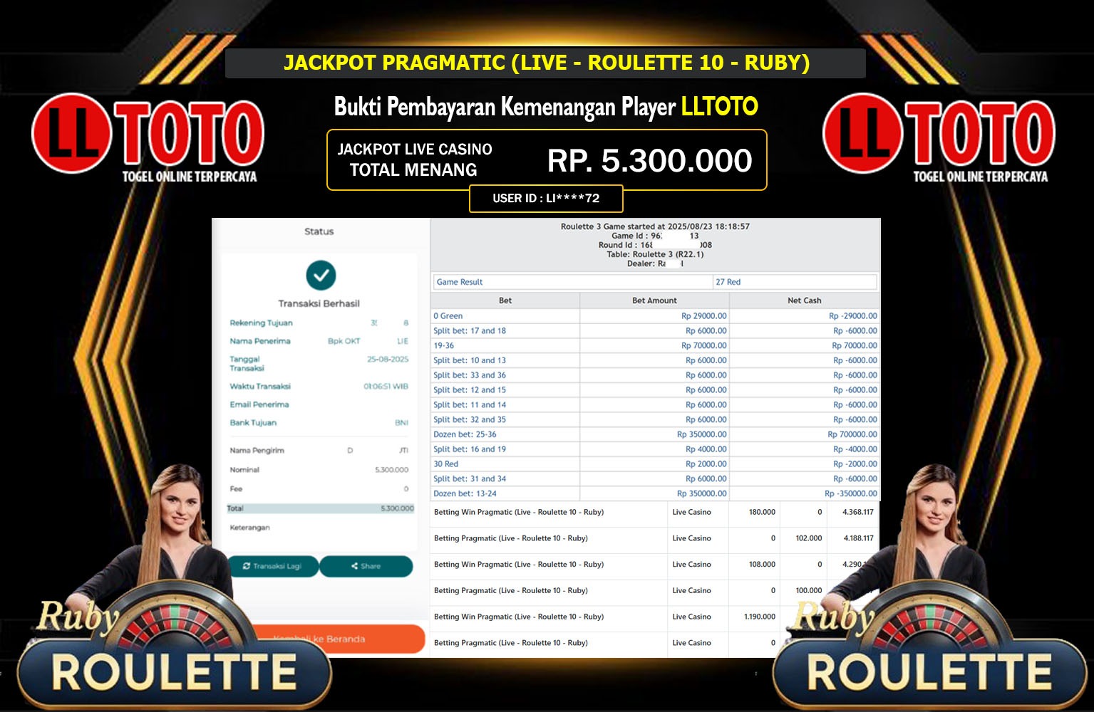 LLTOTO JACKPOT PRAGMATIC (LIVE - ROULETTE 10 - RUBY) Rp.5.300.000,- LUNAS