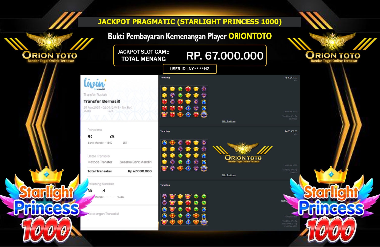 ORIONTOTO JACKPOT PRAGMATIC (STARLIGHT PRINCESS 1000) Rp.67.000.000,- LUNAS