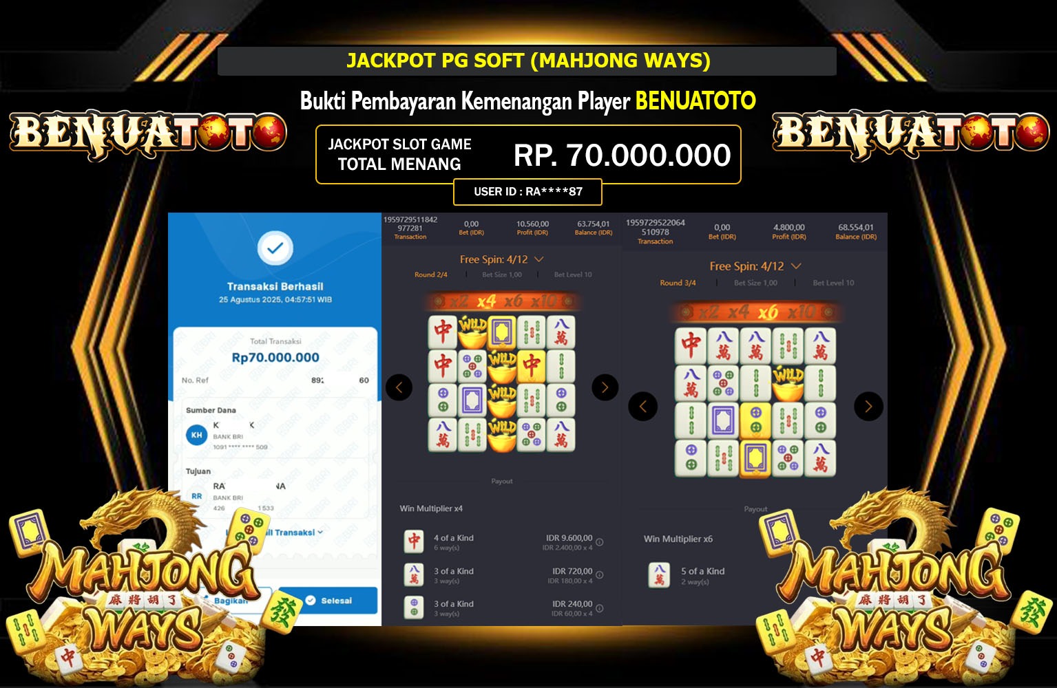 BENUATOTO JACKPOT PG SOFT (MAHJONG WAYS) Rp.70.000.000,- LUNAS