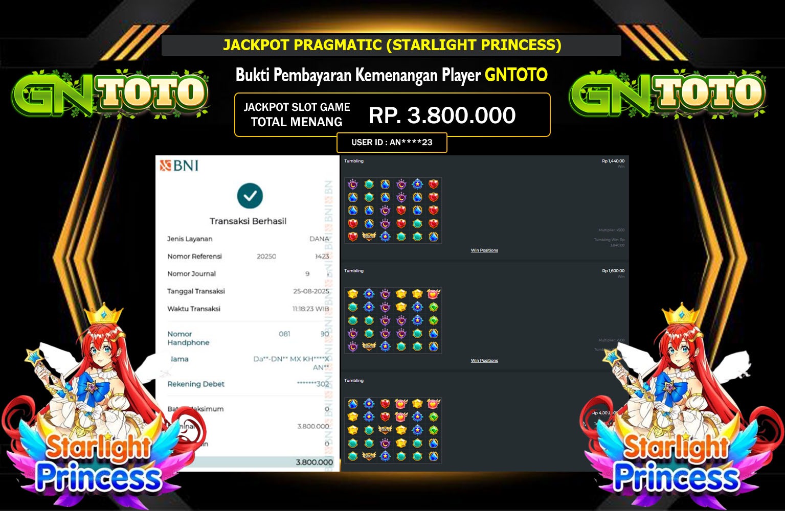 GNTOTO JACKPOT PRAGMATIC (STARLIGHT PRINCESS) Rp.3.800.000,- LUNAS
