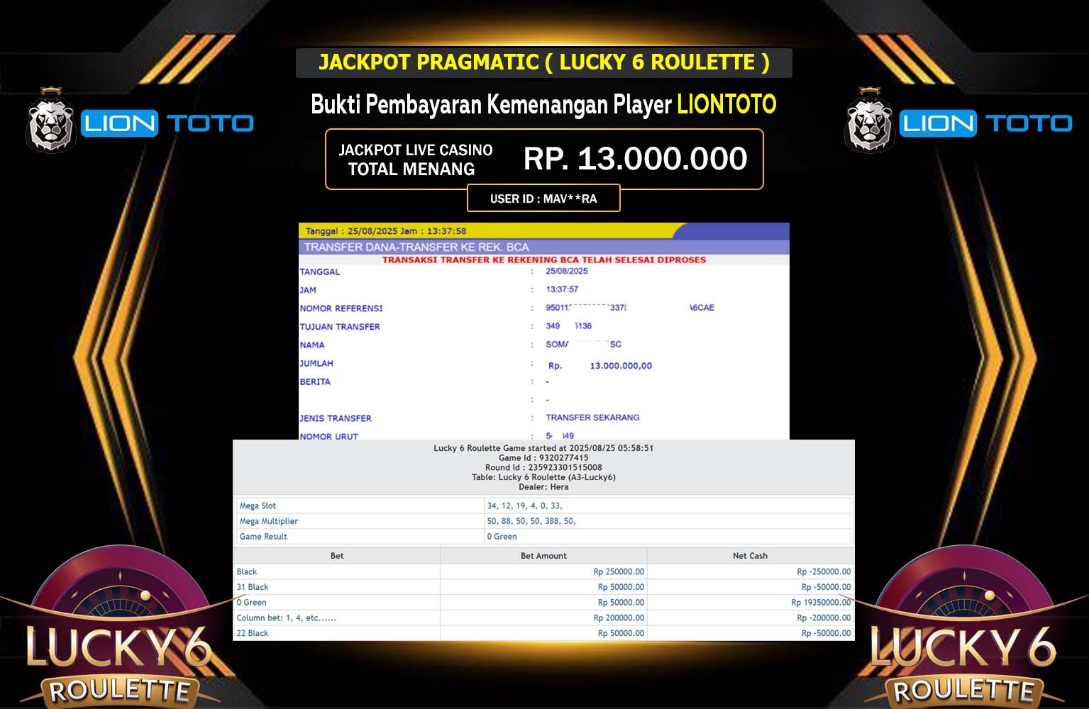 LIONTOTO JACKPOT PRAGMATIC (Lucky 6 Roulette) Rp.13.000.000,- LUNAS