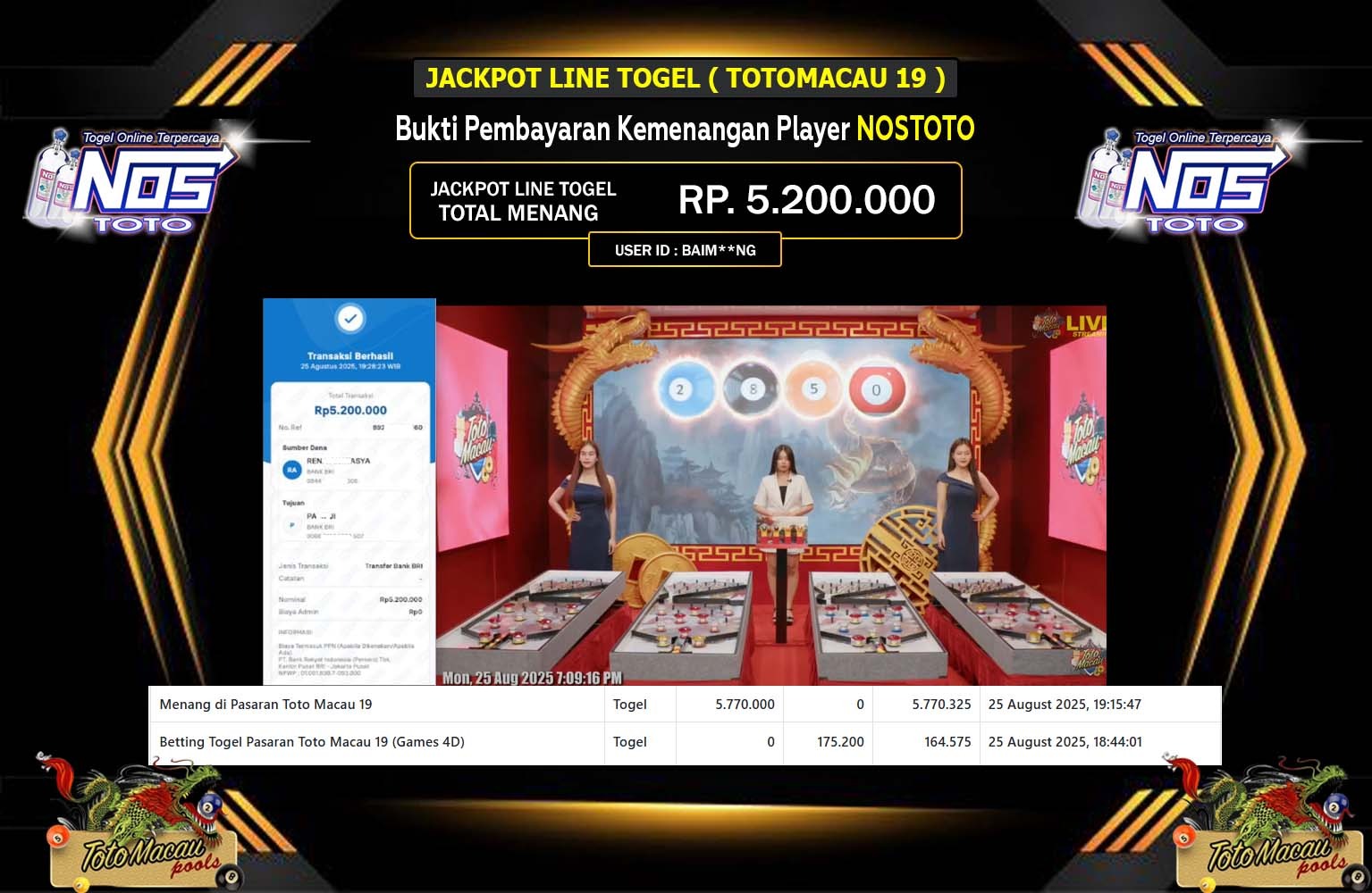 NOSTOTO JACKPOT LINE TOGEL (TOTOMACAU 19PM) Rp.5.200.000,- LUNAS