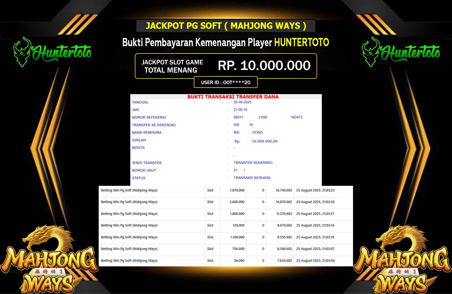 HUNTERTOTO JACKPOT PG SOFT (MAHJONG WAYS) Rp.10.000.000,- LUNAS