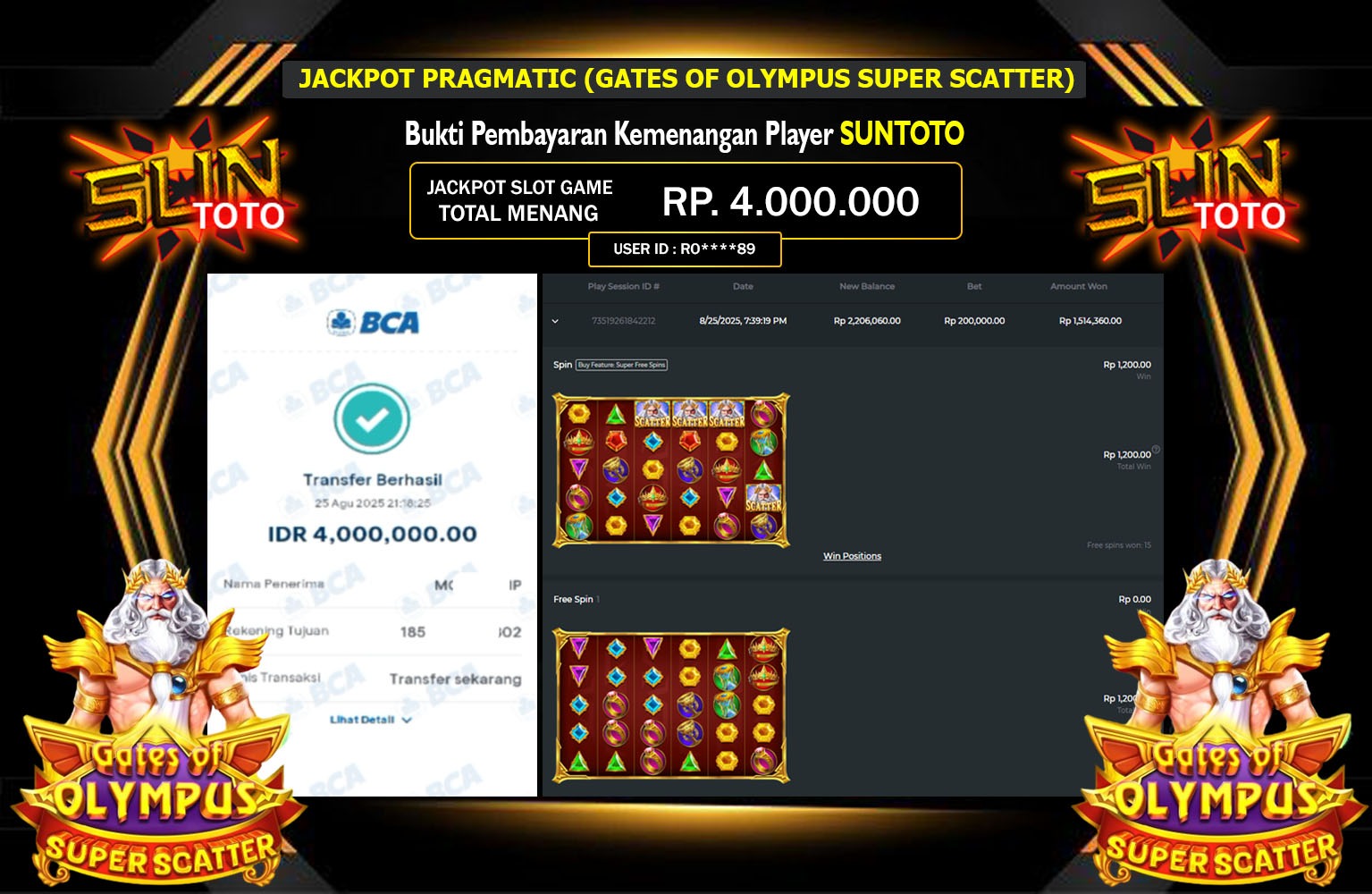 SUNTOTO JACKPOT PRAGMATIC (GATES OF OLYMPUS SUPER SCATTER) Rp.4.000.000,- LUNAS