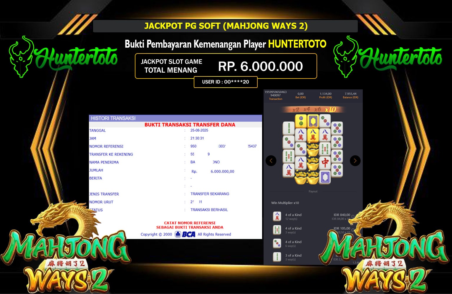 HUNTERTOTO JACKPOT PG SOFT (MAHJONG WAYS 2) Rp.6.000.000,- LUNAS