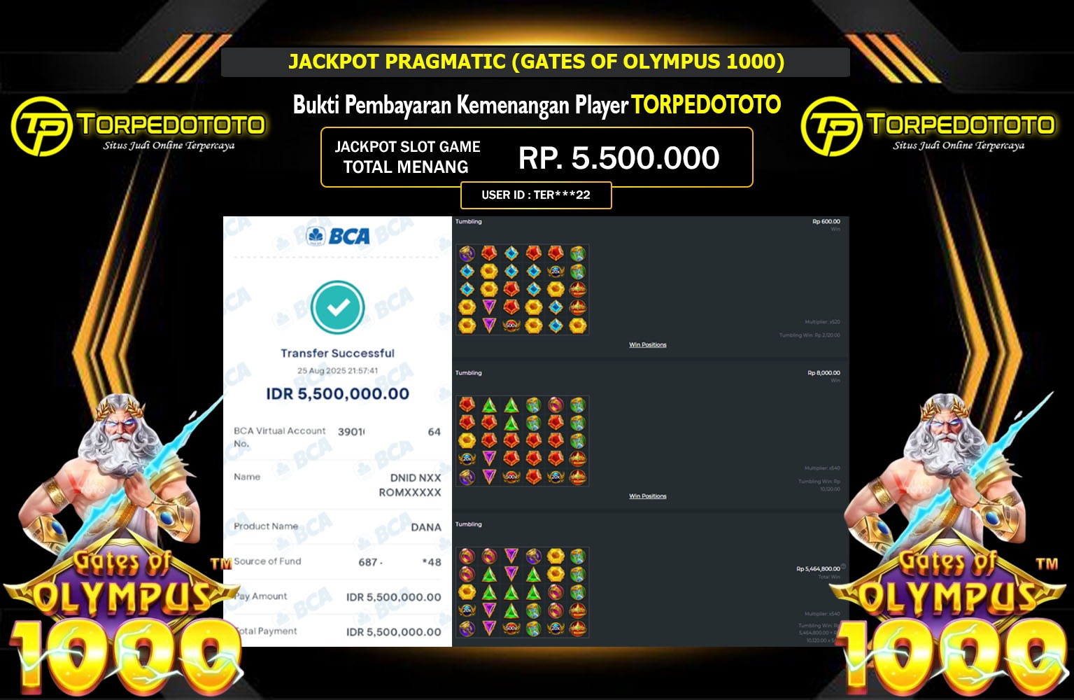 TORPEDOTOTO JACKPOT PRAGMATIC (GATES OF OLYMPUS 1000) Rp.5.500.000,- LUNAS