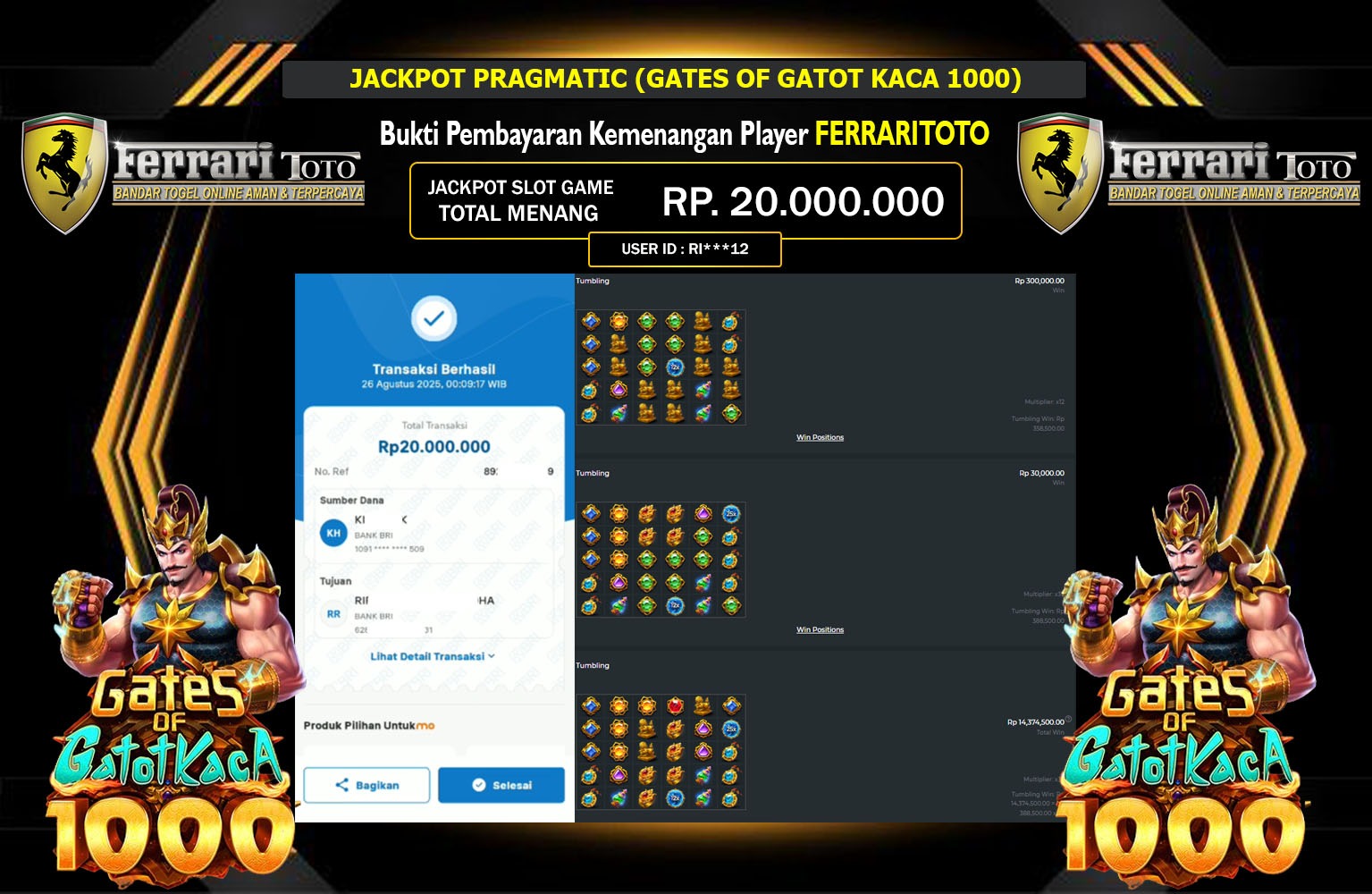 FERRARITOTO JACKPOT PRAGMATIC (GATES OF GATOT KACA 1000) Rp.20.000.000,- LUNAS