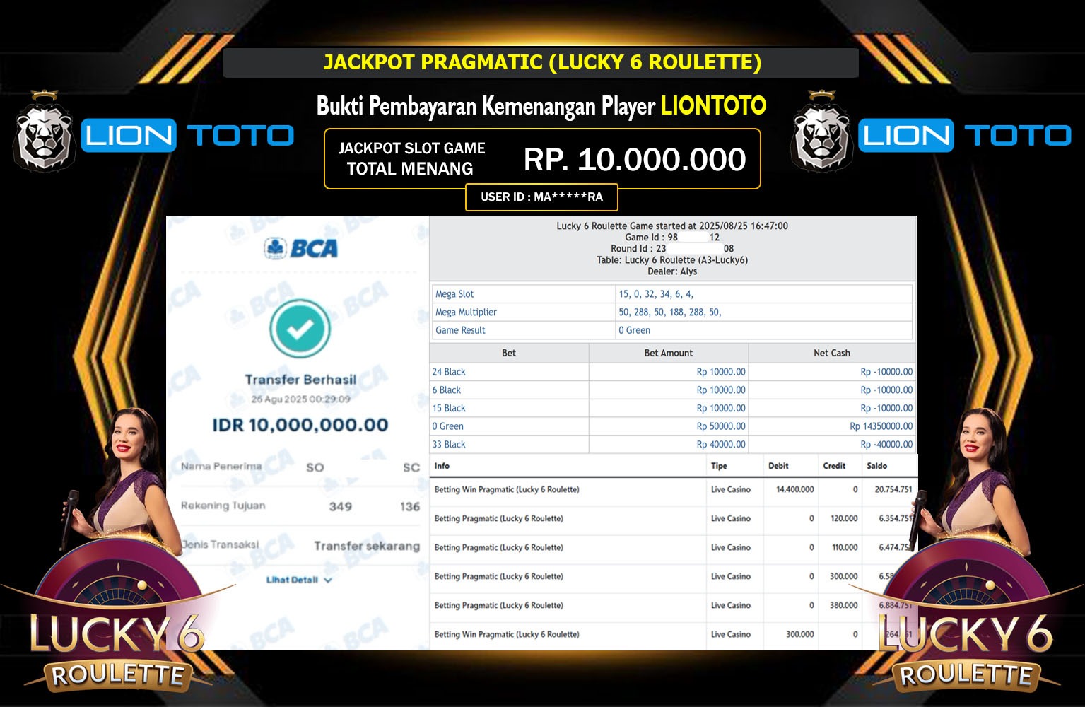 LIONTOTO JACKPOT PRAGMATIC (LUCKY 6 ROULETTE) Rp.10.000.000,- LUNAS