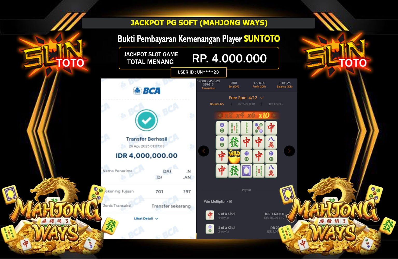 SUNTOTO JACKPOT PG SOFT (MAHJONG WAYS) Rp.4.000.000,- LUNAS