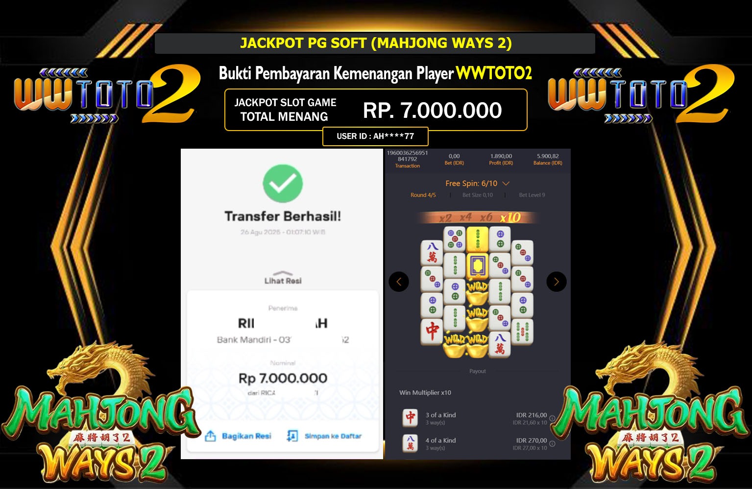 WWTOTO2 JACKPOT PG SOFT (MAHJONG WAYS 2) Rp.7.000.000,- LUNAS