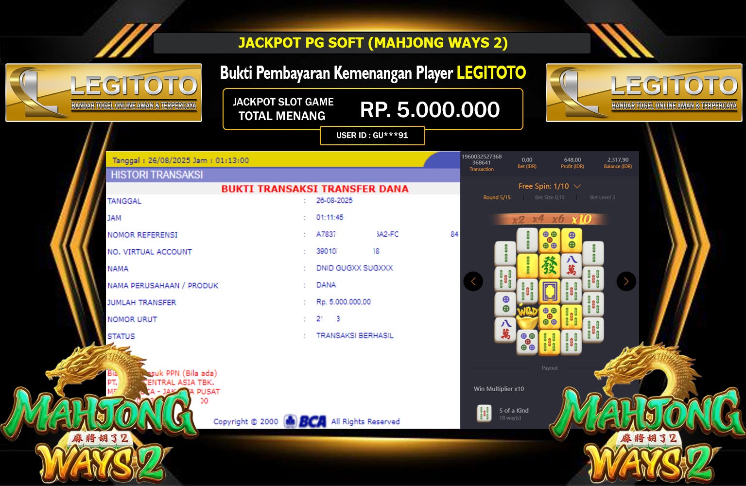 LEGITOTO JACKPOT PG SOFT (MAHJONG WAYS 2) Rp.5.000.000,- LUNAS
