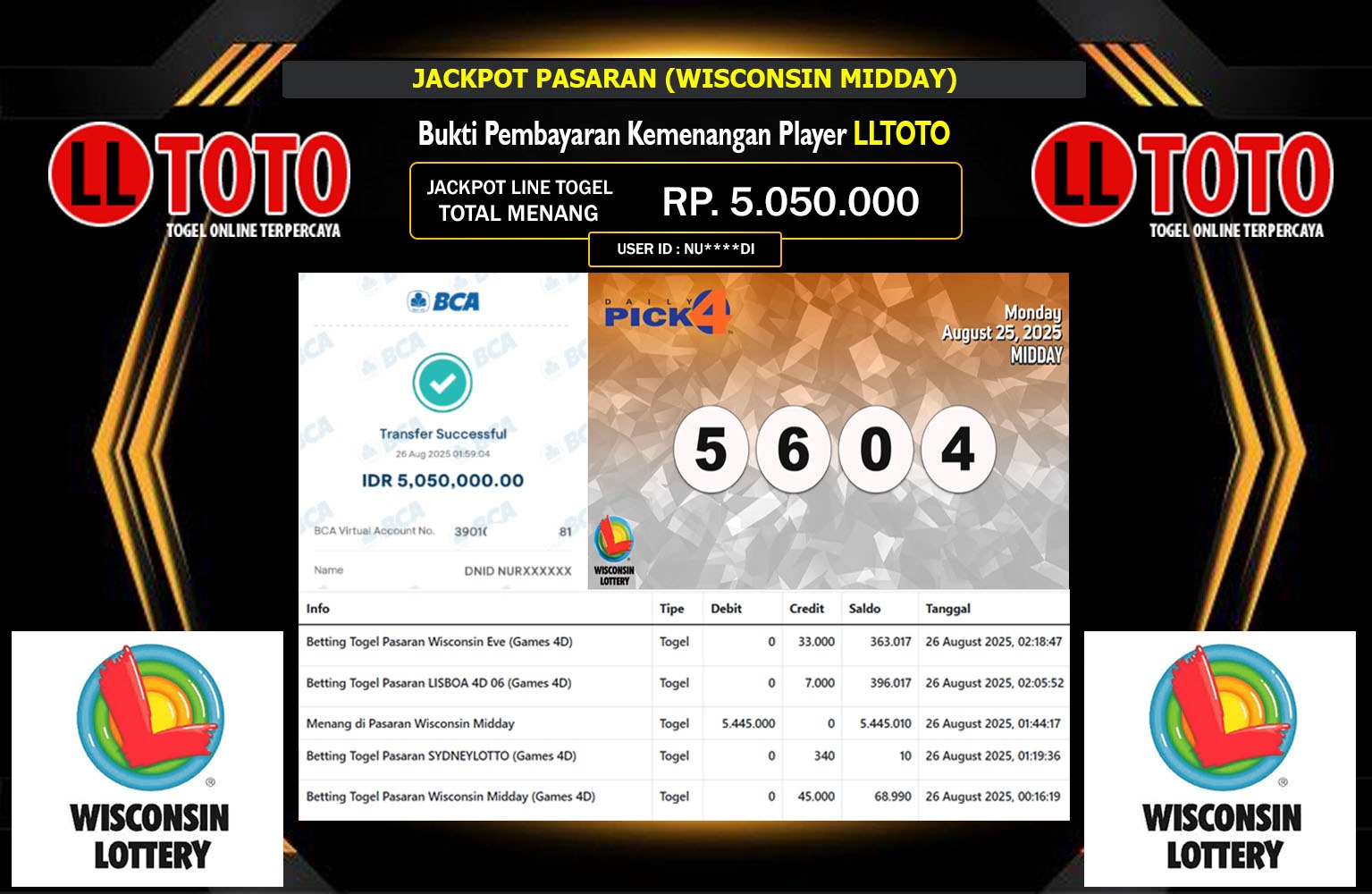LLTOTO JACKPOT PASARAN (WISCONSIN MIDDAY) Rp.5.050.000,- LUNAS