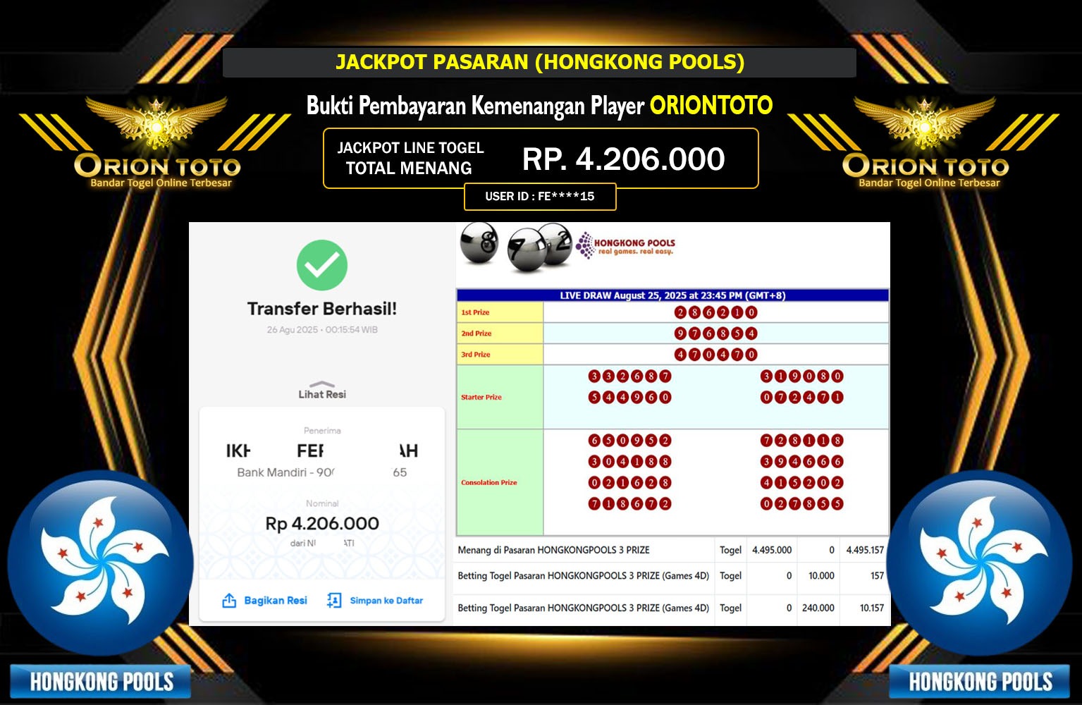 ORIONTOTO JACKPOT PASARAN (HONGKONG POOLS) Rp.4.206.000,- LUNAS